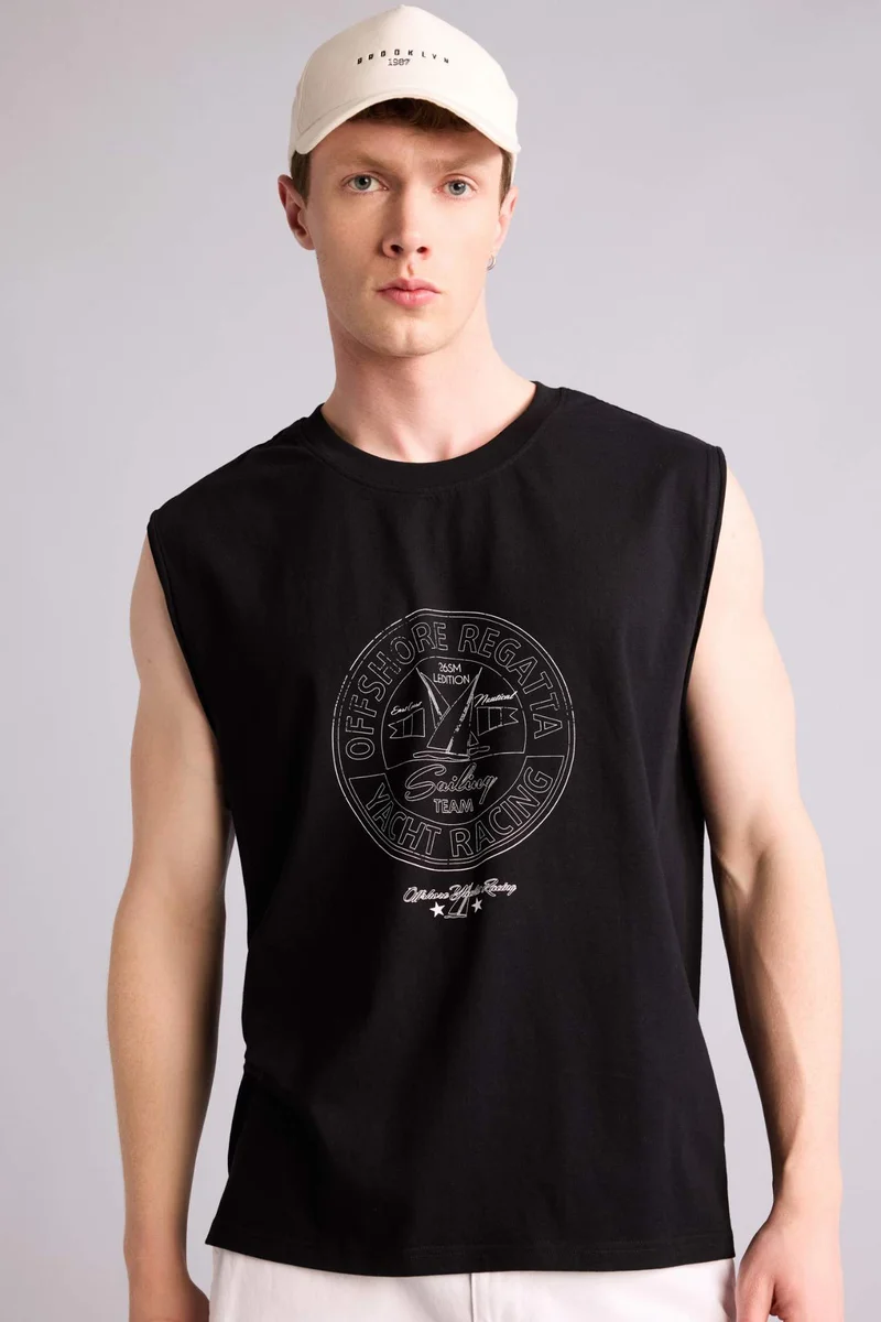 Defacto  100% Cotton Boxy Fit Printed Black Tank Top for Men | Best Price UAE
