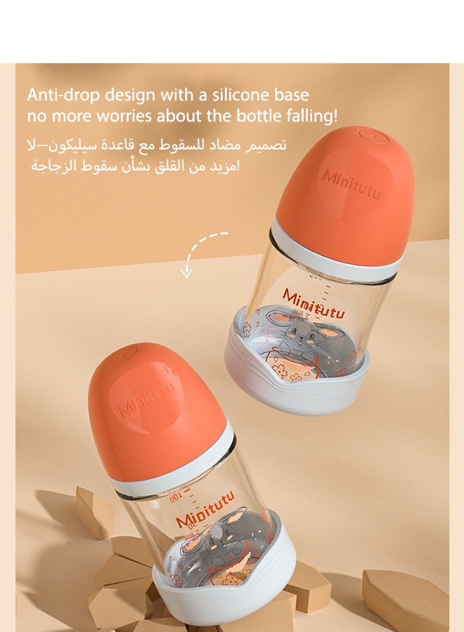 Minitutu Anti-Colic Glass Feeding Bottle for Newborn with Breast-Like Nipples and Silicone Anti Drop base, 80ml, 0M+, Wide-Neck(Orange) - Image 4