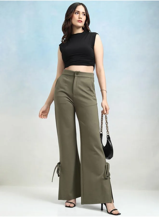 Tokyo Talkies Mid Rise Flared Trousers with Bow Tie Detail