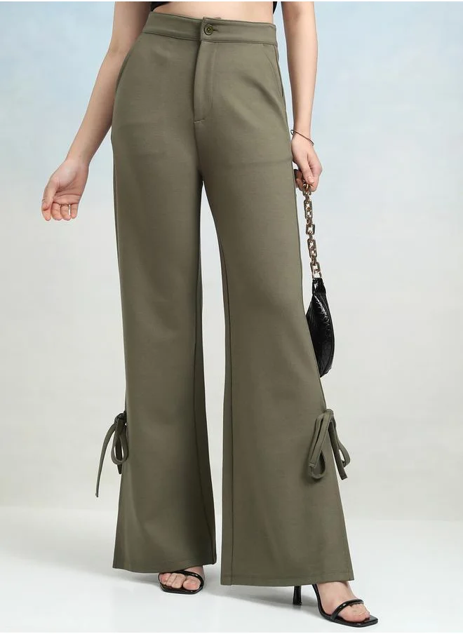 Tokyo Talkies Mid Rise Flared Trousers with Bow Tie Detail