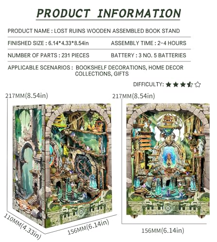 Spilay DIY Dollhouse Booknook KitDIY Bookshelf Kitwith LED Light and Dust Cover for Bookends Model Build kitHandmade Crafts Gifts for Birthday Valentines Day Lost Ruins with Dust Cover - Image 5