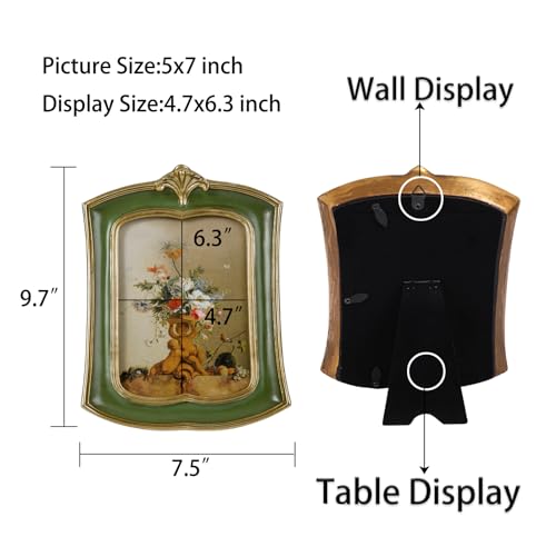 Kangce Vintage Picture Frame 5x7 Antique Ornate Photo Frame Tabletop and Wall Hanging Old-Fashioned Style, Decorative Retro Design Home Decor, Photo Gallery, Art, Green - Image 4