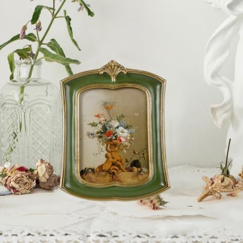 Kangce Vintage Picture Frame 5x7 Antique Ornate Photo Frame Tabletop and Wall Hanging Old-Fashioned Style, Decorative Retro Design Home Decor, Photo Gallery, Art, Green - Image 3
