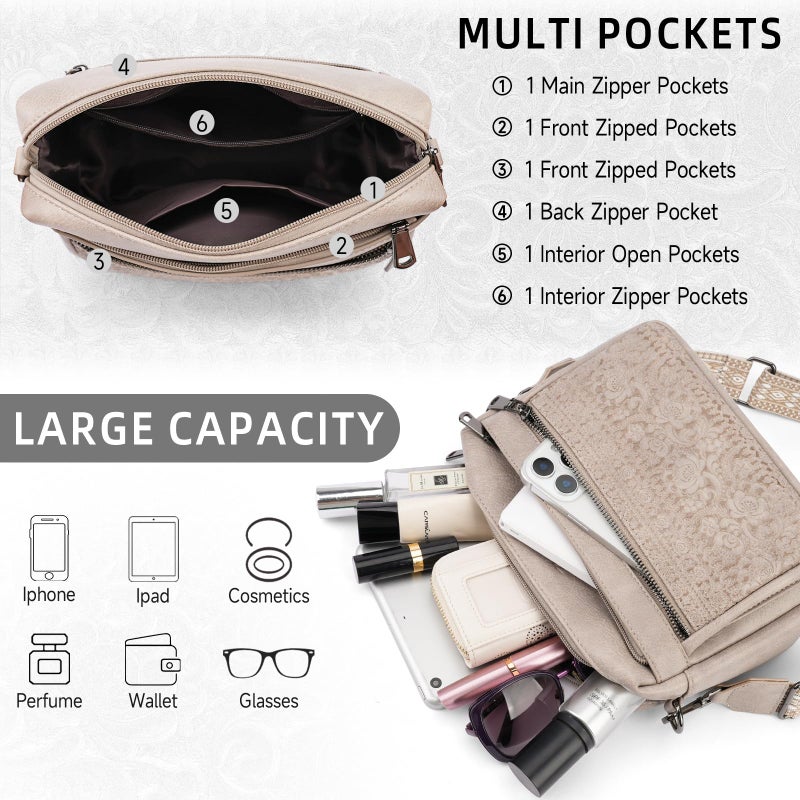 VIMUTI Crossbody Bags for Women Trendy,Leather Crossbody Purses Embossed Design,Multi Pocket Lightweight Shoulder Handbag (04-Gray) - Image 3
