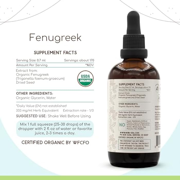 HerbEra Fenugreek B120 USDA Organic Tincture | Alcohol-Free Extract, High-Potency Herbal Drops, Liquid Supplement | Certified Organic Fenugreek (Trigonella foenum-graecum) Dried Fruit (4 oz) - Image 3