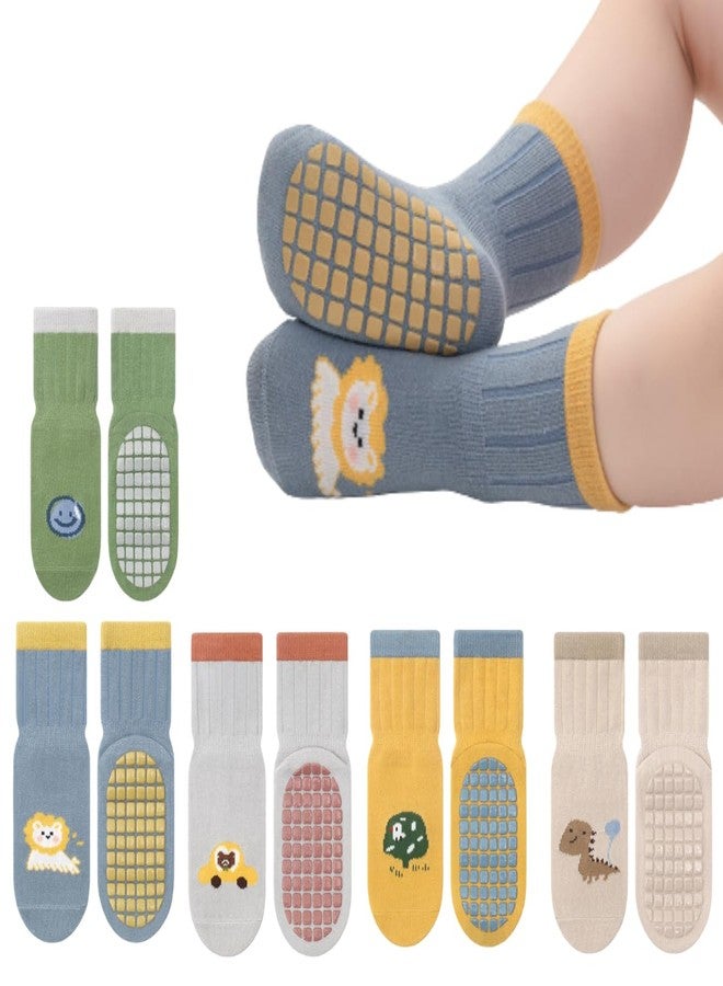 Lyonardo Baby Anti-Slip Cotton Socks with Grips, Toddler Non-Skid Ankle Socks for Boys & Girls, Cartoon Animal & Car Designs (Pack Of 5) (IN, Age, 2 Years, 3 Years, MULTICOLOR) - Image 1