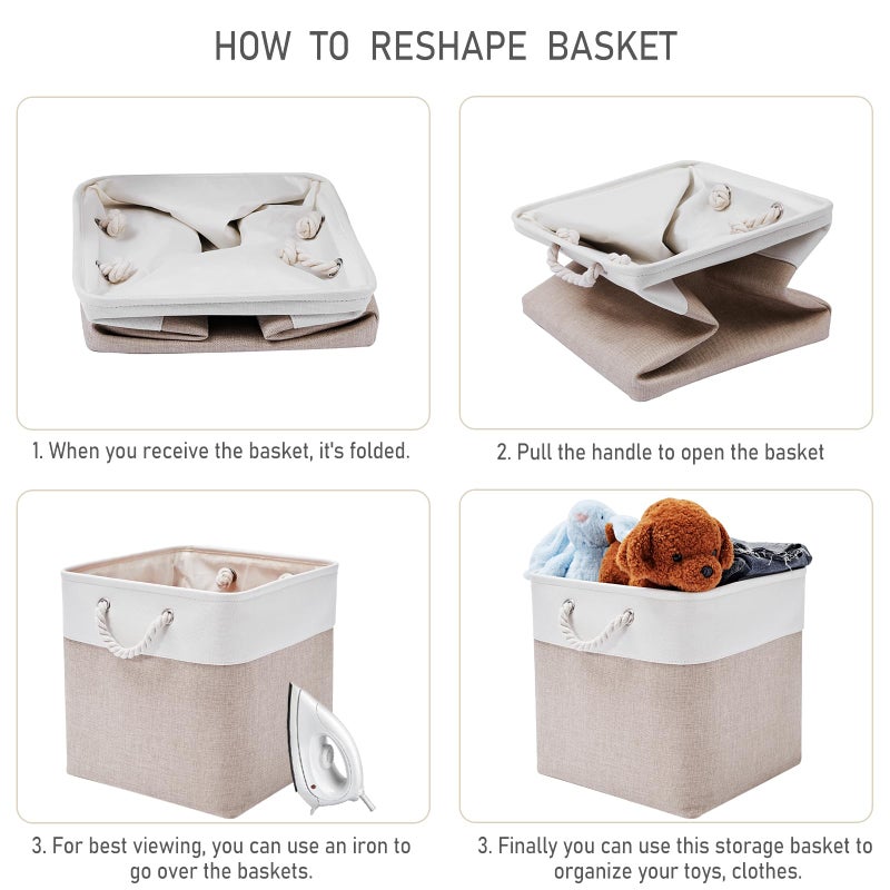 ISEMINGLA 13 x 13 Inch Storage Cubesï¼Œ6 Pack Cube Storage Bins for Shelvesï¼ŒFabric Collapsible Storage Bins with Handles, Foldable Storage Basket for Organizing Clothes, Toys, Books (White&Beige) - Image 5