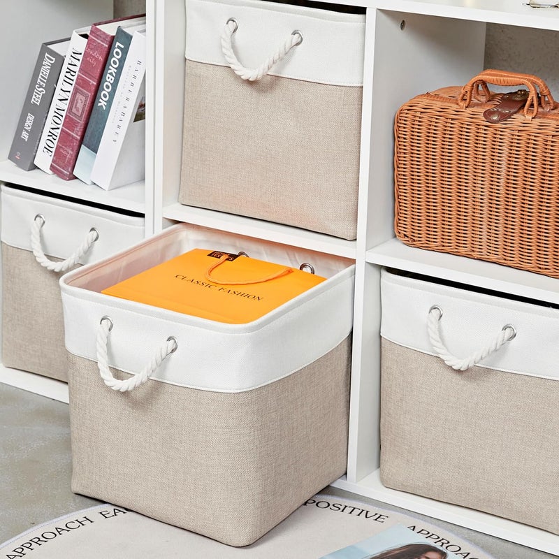 ISEMINGLA 13 x 13 Inch Storage Cubesï¼Œ6 Pack Cube Storage Bins for Shelvesï¼ŒFabric Collapsible Storage Bins with Handles, Foldable Storage Basket for Organizing Clothes, Toys, Books (White&Beige) - Image 4