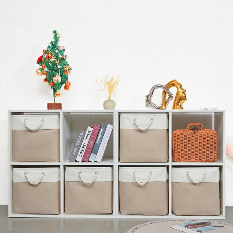 ISEMINGLA 13 x 13 Inch Storage Cubesï¼Œ6 Pack Cube Storage Bins for Shelvesï¼ŒFabric Collapsible Storage Bins with Handles, Foldable Storage Basket for Organizing Clothes, Toys, Books (White&Beige) - Image 2
