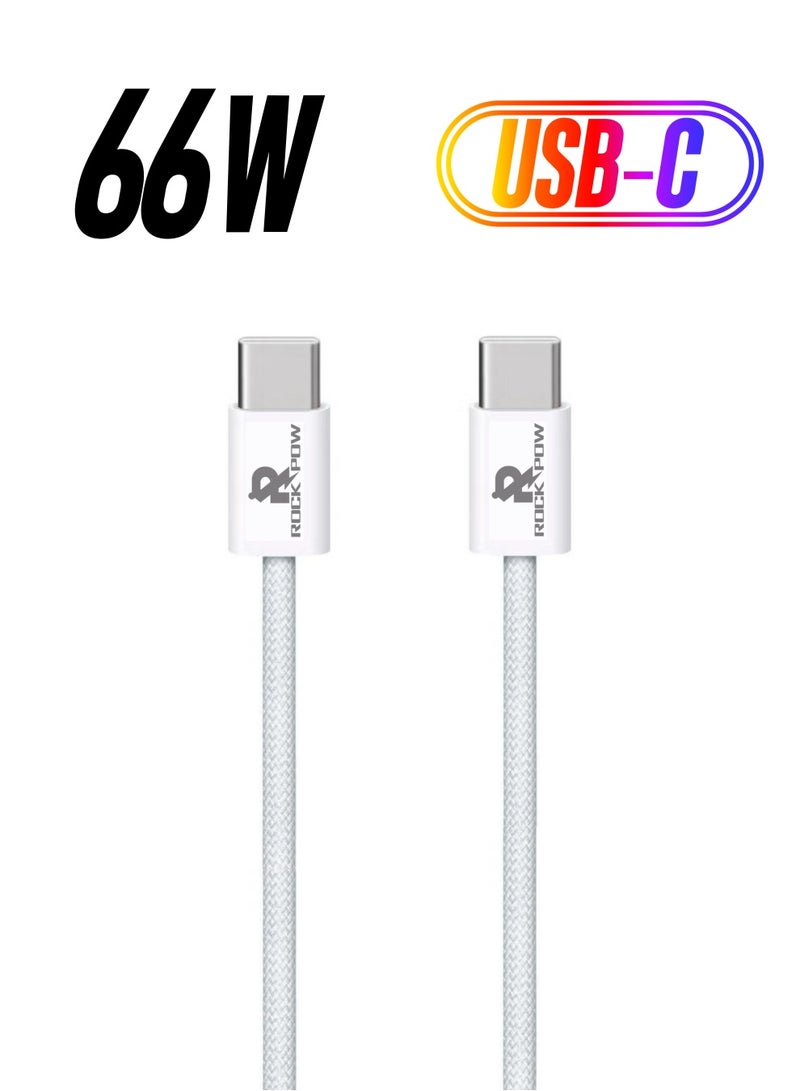 Rock Pow USB C Cable 1M, 66W Power Delivery PD Fast charge Cable USB C to USB C for iPhone 15 Pro/15 Pro Max/15/15 Plus, iPad mini 6, MacBook Pro/Air, iPad Pro, Samsung S23+, Huawei P60, etc white - Image 1