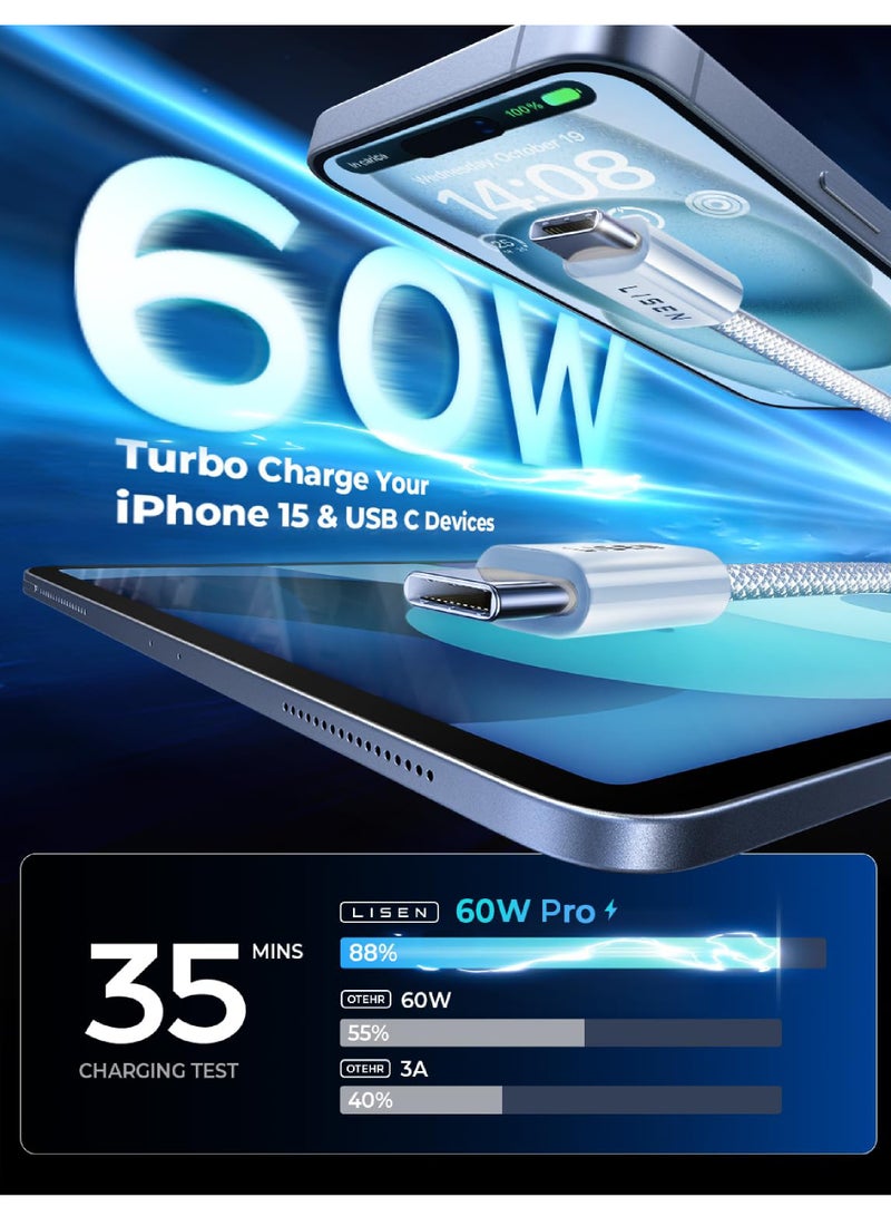 Rock Pow USB C Cable 1M, 66W Power Delivery PD Fast charge Cable USB C to USB C for iPhone 15 Pro/15 Pro Max/15/15 Plus, iPad mini 6, MacBook Pro/Air, iPad Pro, Samsung S23+, Huawei P60, etc white - Image 2