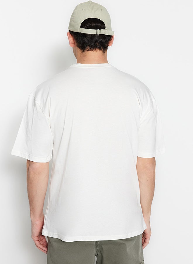 trendyol Ecru Relaxed/Casual Cut Short Sleeve Printed 100% Cotton T-Shirt TMNSS23TS00261  - Image 5