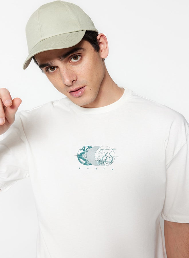 trendyol Ecru Relaxed/Casual Cut Short Sleeve Printed 100% Cotton T-Shirt TMNSS23TS00261  - Image 2
