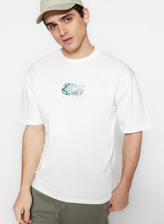 trendyol Ecru Relaxed/Casual Cut Short Sleeve Printed 100% Cotton T-Shirt TMNSS23TS00261  - Image 4