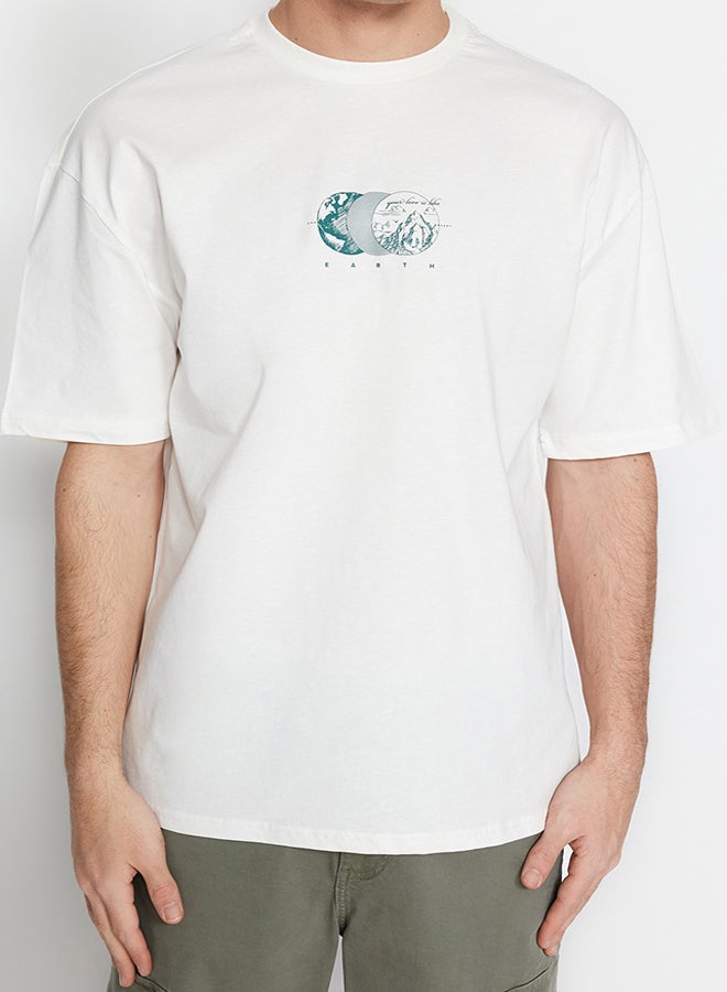 trendyol Ecru Relaxed/Casual Cut Short Sleeve Printed 100% Cotton T-Shirt TMNSS23TS00261  - Image 3