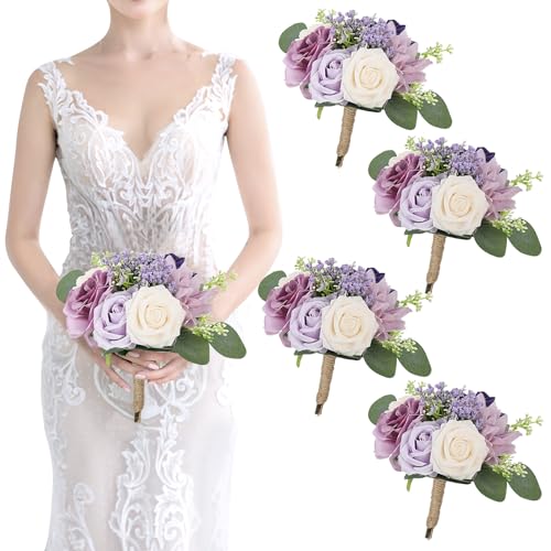 SEMONONIA Artificial Bridesmaid Bouquets 4Pcs -7 Inch Bridesmaid Bouquets Fake Floral Silk Rose Handmade for Wedding Holding Flowers, Bridal Shower,Engagement Wedding Ceremony Anniversary - Lilac - Image 1