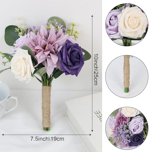 SEMONONIA Artificial Bridesmaid Bouquets 4Pcs -7 Inch Bridesmaid Bouquets Fake Floral Silk Rose Handmade for Wedding Holding Flowers, Bridal Shower,Engagement Wedding Ceremony Anniversary - Lilac - Image 4