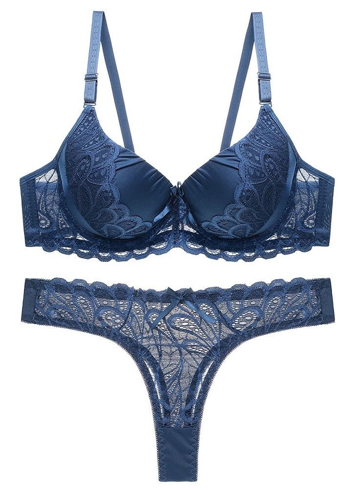 Loquat - Comfy Solid Color Lace Bra Panty Set Blue - Image 1