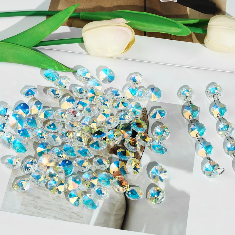 WASTROYAL 240Pcs Crystal Suncatcher Beads 150 14mm Crystal Glass Octagon Beads Bulk AB Color Sun catcher Supplies Chandelier Replacement Connector Spacer Bead for DIY Hanging Ornament Pendant Jewelry (AB Color) - Image 2