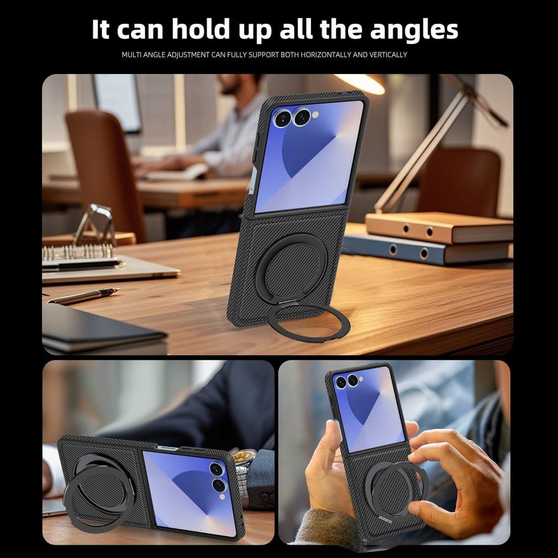 SYOSI Phone Case for Galaxy Z Flip 7, Slim Anti-Scratch Shockproof Case with Magnetic Metal Ring Holder, 360 Rotating Bracket, Compatible with Mag-Safe, Carbon Fiber PU Bumper, Black - Image 5