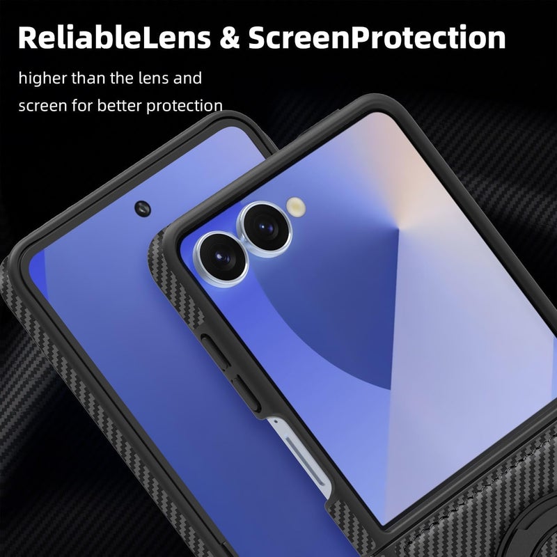 SYOSI Phone Case for Galaxy Z Flip 7, Slim Anti-Scratch Shockproof Case with Magnetic Metal Ring Holder, 360 Rotating Bracket, Compatible with Mag-Safe, Carbon Fiber PU Bumper, Black - Image 2