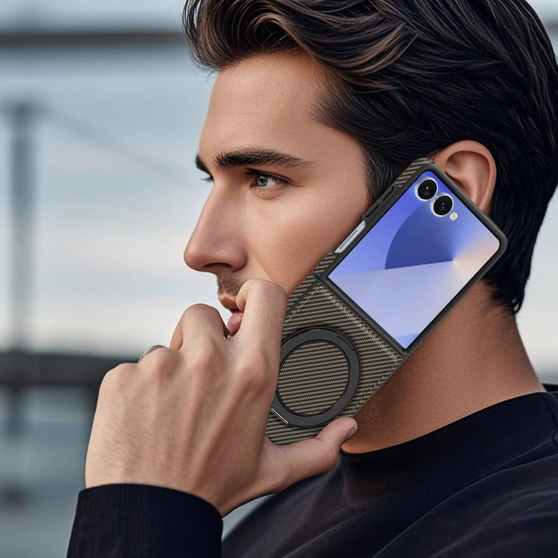 SYOSI Phone Case for Galaxy Z Flip 7, Slim Anti-Scratch Shockproof Case with Magnetic Metal Ring Holder, 360 Rotating Bracket, Compatible with Mag-Safe, Carbon Fiber PU Bumper, Black - Image 3