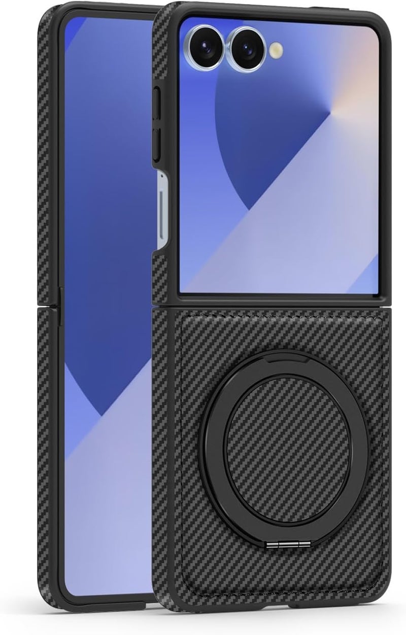 SYOSI Phone Case for Galaxy Z Flip 7, Slim Anti-Scratch Shockproof Case with Magnetic Metal Ring Holder, 360 Rotating Bracket, Compatible with Mag-Safe, Carbon Fiber PU Bumper, Black - Image 1