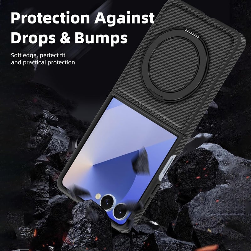 SYOSI Phone Case for Galaxy Z Flip 7, Slim Anti-Scratch Shockproof Case with Magnetic Metal Ring Holder, 360 Rotating Bracket, Compatible with Mag-Safe, Carbon Fiber PU Bumper, Black - Image 4