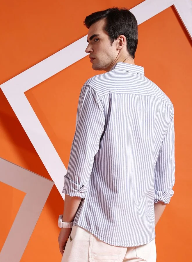 The Indian Garage Co Men Slim Fit Striped Full Sleeves Cutaway Collar Casual Shirt