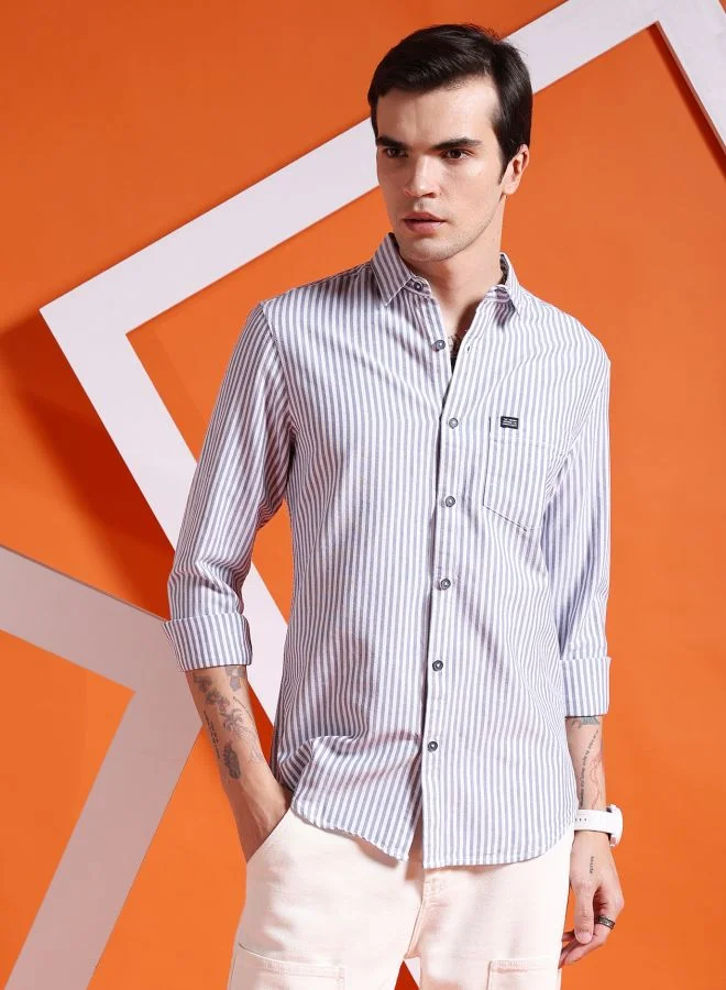 The Indian Garage Co Men Slim Fit Striped Full Sleeves Cutaway Collar Casual Shirt