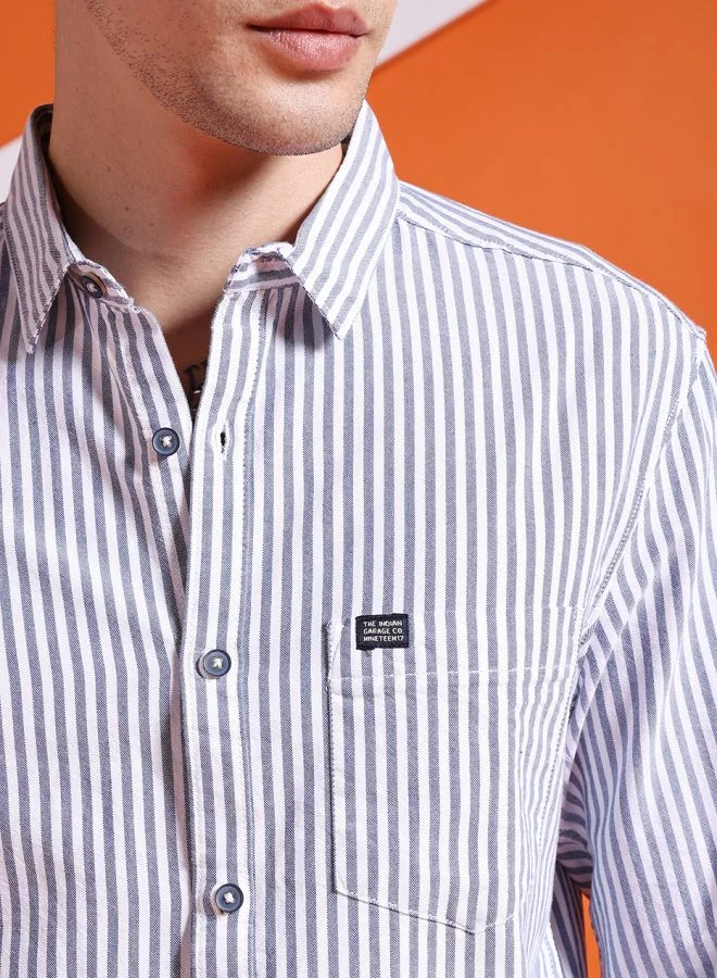 The Indian Garage Co Men Slim Fit Striped Full Sleeves Cutaway Collar Casual Shirt