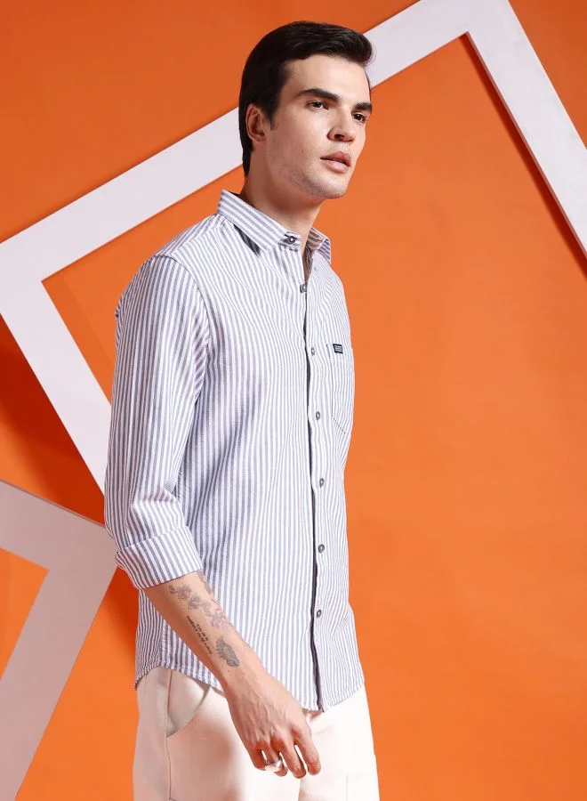 The Indian Garage Co Men Slim Fit Striped Full Sleeves Cutaway Collar Casual Shirt