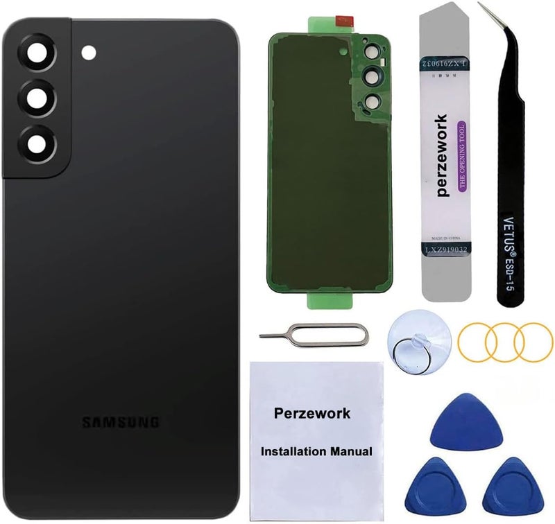 Perzework Rear Back Glass Replacement for Samsung Galaxy S22 6.1 inches 5G with Reparing Toolkit and Pre-Installed Adhesive (Phantom Black) - Image 1