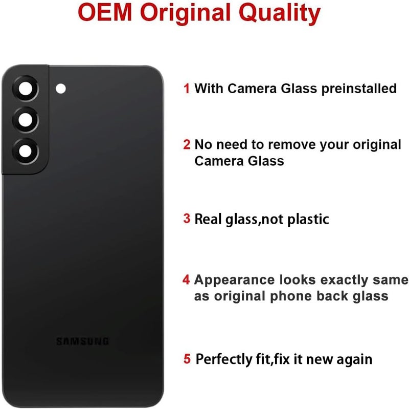 Perzework Rear Back Glass Replacement for Samsung Galaxy S22 6.1 inches 5G with Reparing Toolkit and Pre-Installed Adhesive (Phantom Black) - Image 2