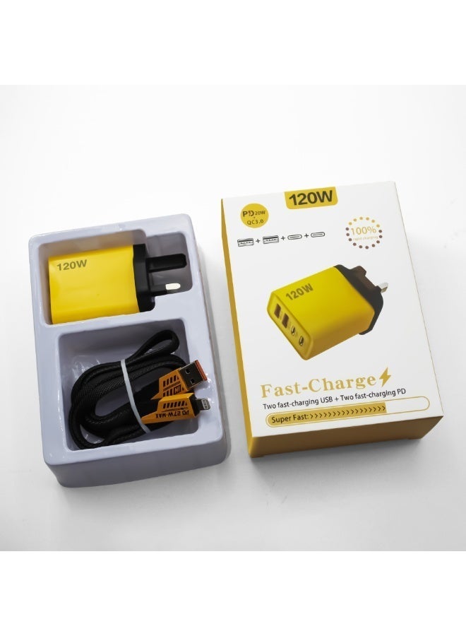 أضف هذا شاحن سريع بقدرة 120 واط متعدد المخارج | منفذي PD + منفذي Type-C | قابس بريطاني | كابل شحن 4 في 1 | متوافق مع الهواتف والأجهزة اللوحية واللابتوب - Image 2