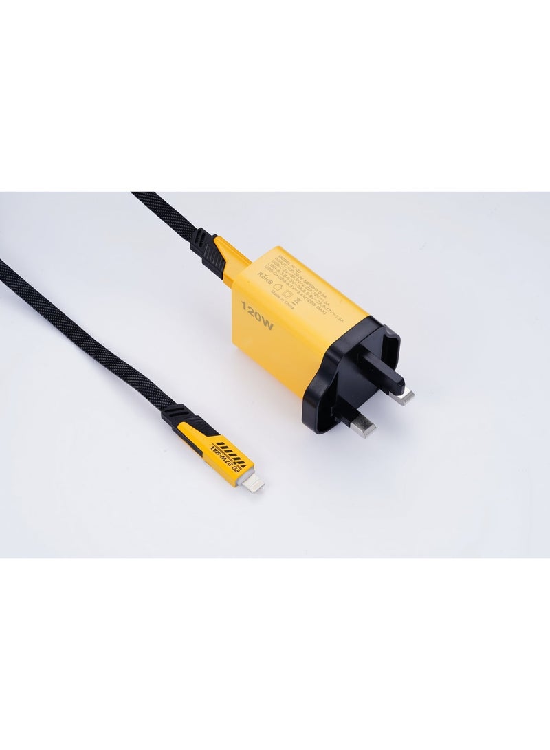 أضف هذا شاحن سريع بقدرة 120 واط متعدد المخارج | منفذي PD + منفذي Type-C | قابس بريطاني | كابل شحن 4 في 1 | متوافق مع الهواتف والأجهزة اللوحية واللابتوب - Image 3