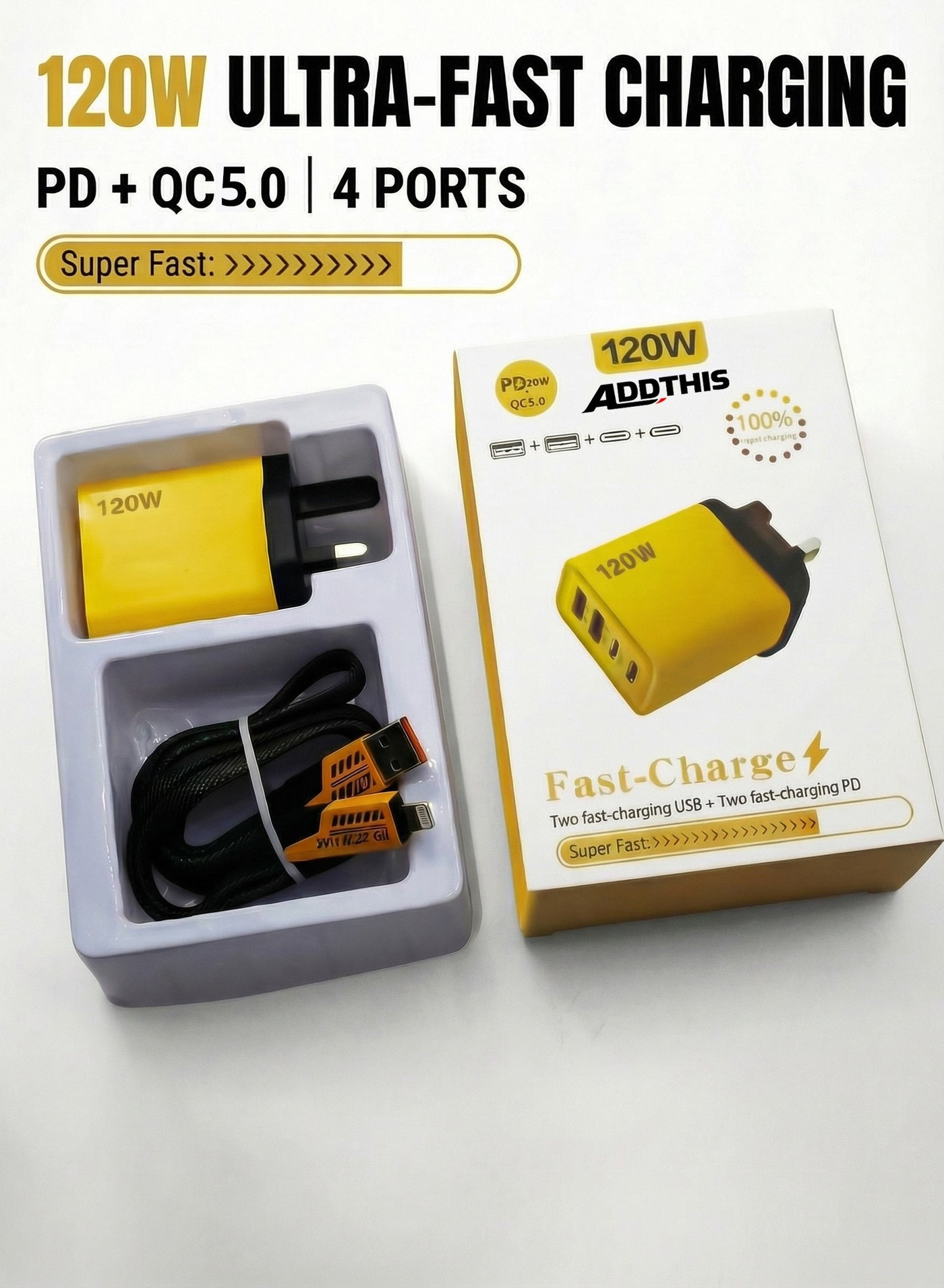 Addthis 120W Multi-Port Fast Charger | Dual PD + Dual Type-C | UK Plug | 4-in-1 Charging Cable | Compatible with Phones Tablets Laptops