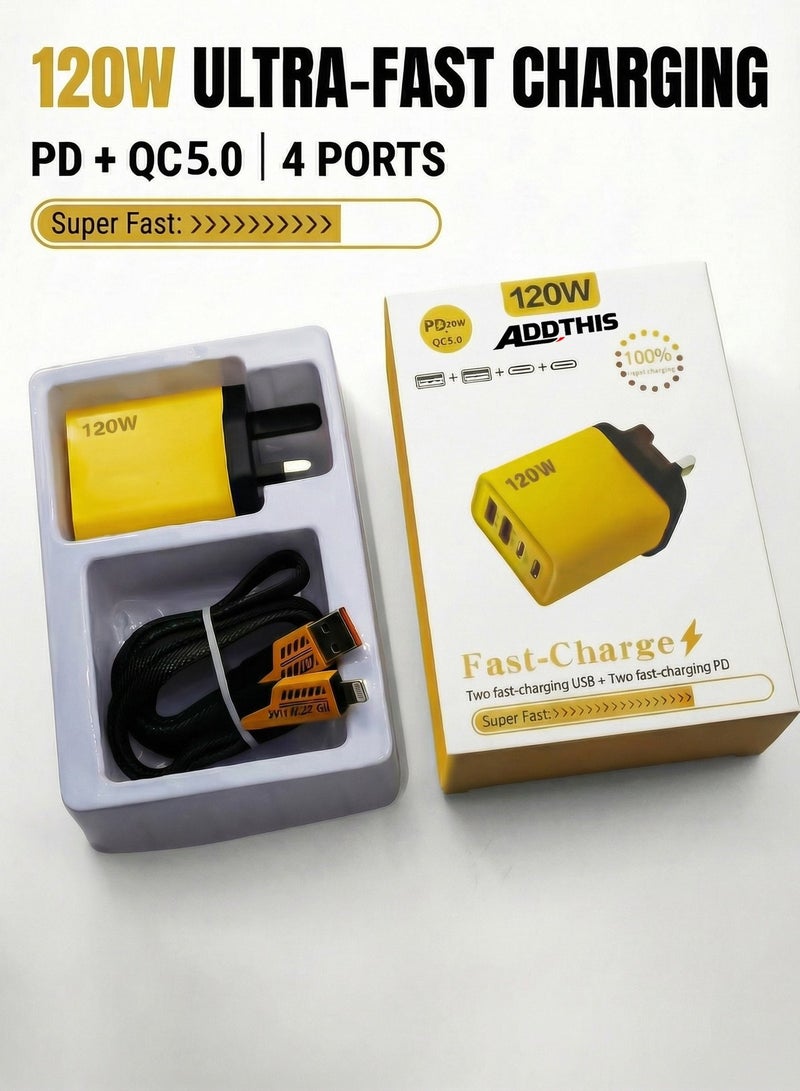 أضف هذا شاحن سريع بقدرة 120 واط متعدد المخارج | منفذي PD + منفذي Type-C | قابس بريطاني | كابل شحن 4 في 1 | متوافق مع الهواتف والأجهزة اللوحية واللابتوب - Image 1