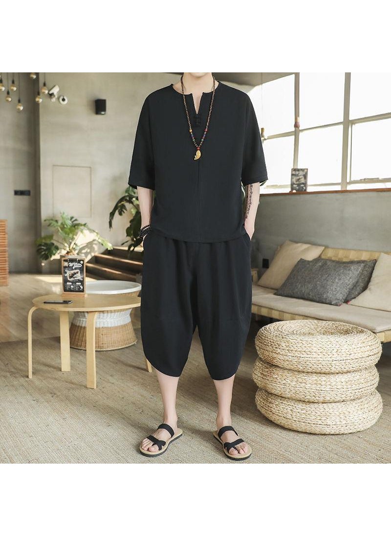 Generic Short Sleeve Linen Set Men Tang Suit Youthful Mid-mountain Clothing Zen Clothes Summer Cotton Hanfu Old Style Two-piece Set W18 Black (solid color cropped pants suit) 