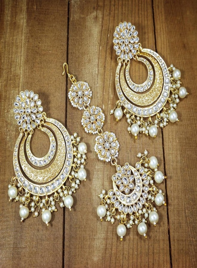 Peora Matte Gold Finish Kundan Chandbali Earring Maang Tikka Traditional Jewellery Set for Women Girls - Image 2