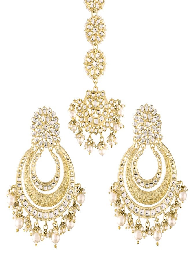 Peora Matte Gold Finish Kundan Chandbali Earring Maang Tikka Traditional Jewellery Set for Women Girls - Image 1