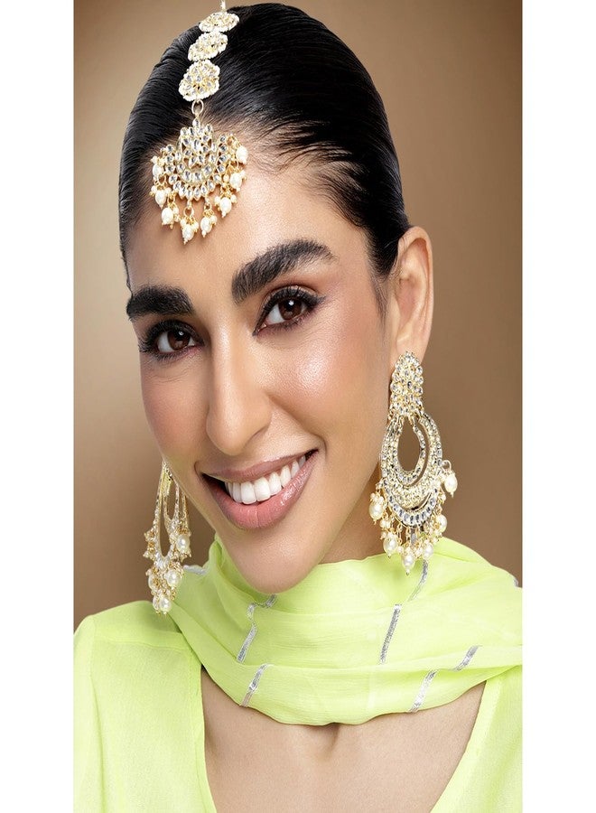Peora Matte Gold Finish Kundan Chandbali Earring Maang Tikka Traditional Jewellery Set for Women Girls - Image 3