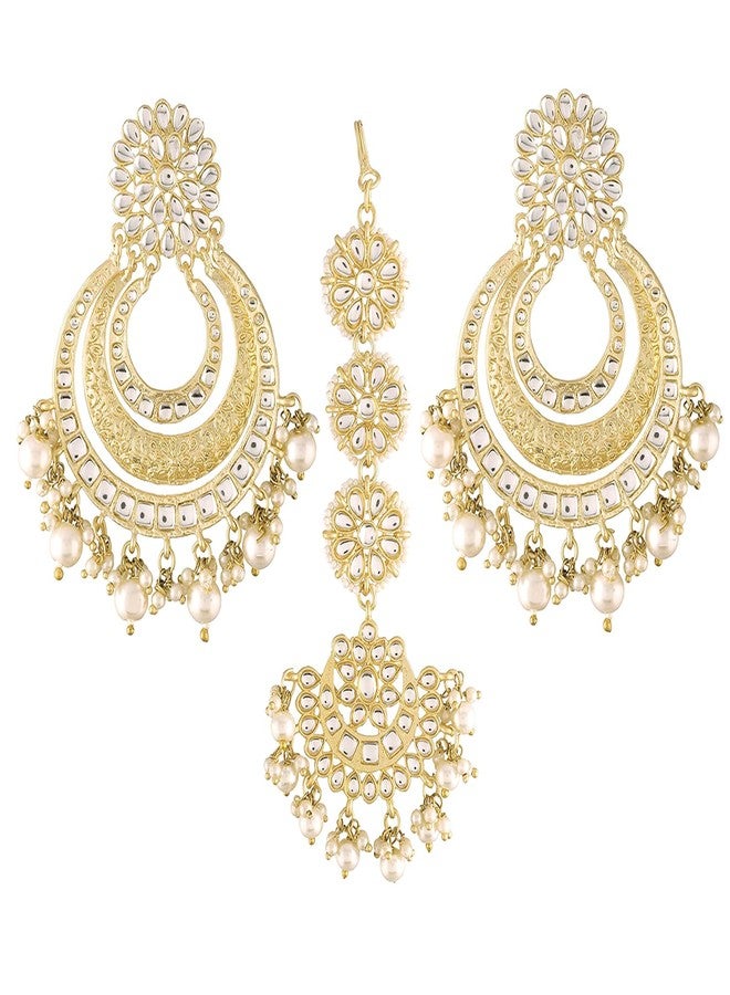 Peora Matte Gold Finish Kundan Chandbali Earring Maang Tikka Traditional Jewellery Set for Women Girls - Image 4