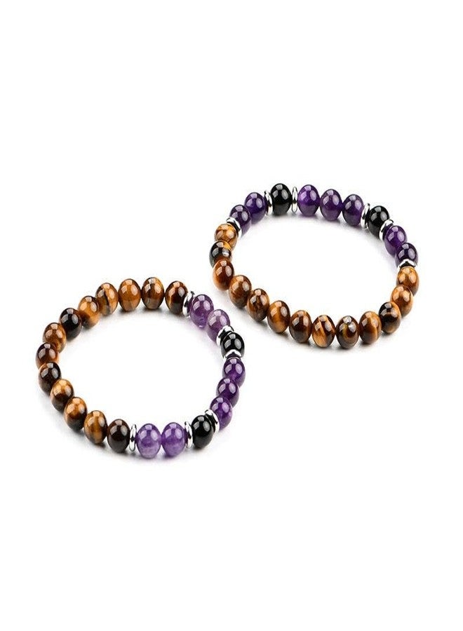 YiCan 8mm Gamstone Amethyst, Tiger Eye, Black Agest, (Sulemani Hakik) Natural Crystal Bracelet, Three Problem One Bracelet solutions | Stress, Anxiety, stability | Men And Women - Image 3