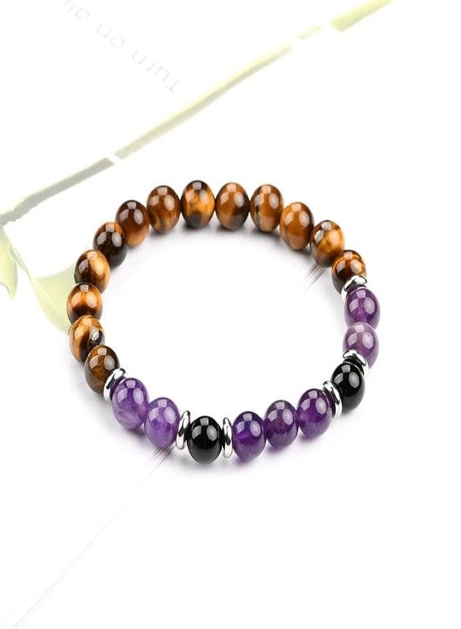 YiCan 8mm Gamstone Amethyst, Tiger Eye, Black Agest, (Sulemani Hakik) Natural Crystal Bracelet, Three Problem One Bracelet solutions | Stress, Anxiety, stability | Men And Women - Image 4