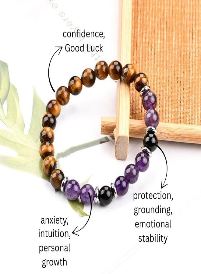 YiCan 8mm Gamstone Amethyst, Tiger Eye, Black Agest, (Sulemani Hakik) Natural Crystal Bracelet, Three Problem One Bracelet solutions | Stress, Anxiety, stability | Men And Women - Image 2