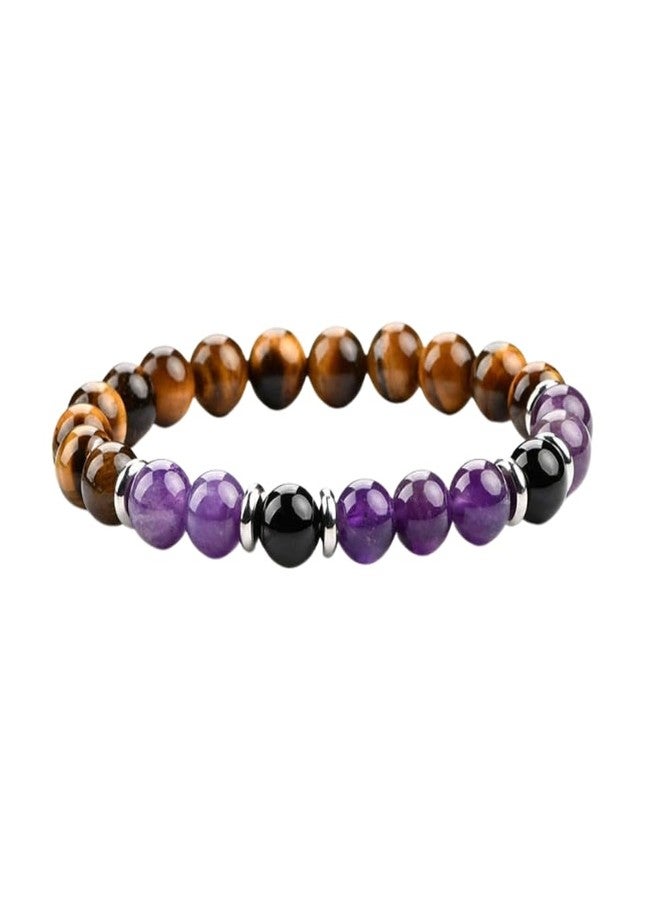 YiCan 8mm Gamstone Amethyst, Tiger Eye, Black Agest, (Sulemani Hakik) Natural Crystal Bracelet, Three Problem One Bracelet solutions | Stress, Anxiety, stability | Men And Women - Image 1
