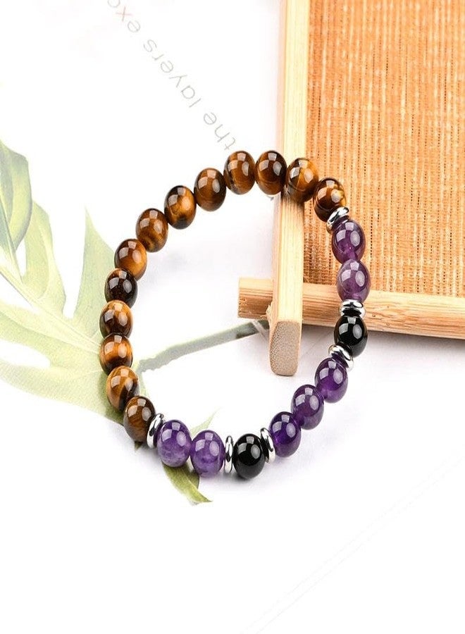 YiCan 8mm Gamstone Amethyst, Tiger Eye, Black Agest, (Sulemani Hakik) Natural Crystal Bracelet, Three Problem One Bracelet solutions | Stress, Anxiety, stability | Men And Women - Image 5