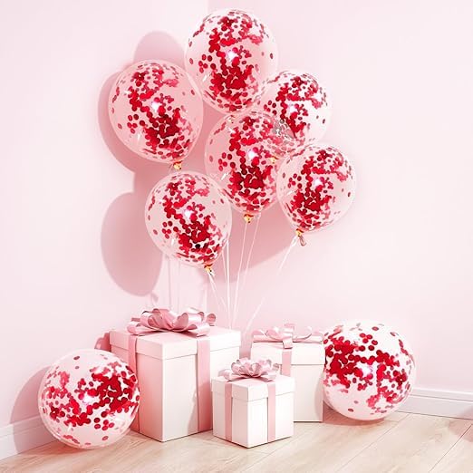 BRIJBAZAAR Rubber Confetti Balloons For Decoration - Set Of 10Pcs, Anniversary Decoration Items Red Balloons For Decoration Birthday Balloons Red Confetti Balloons Set Red Balloons For Birthday - Image 1