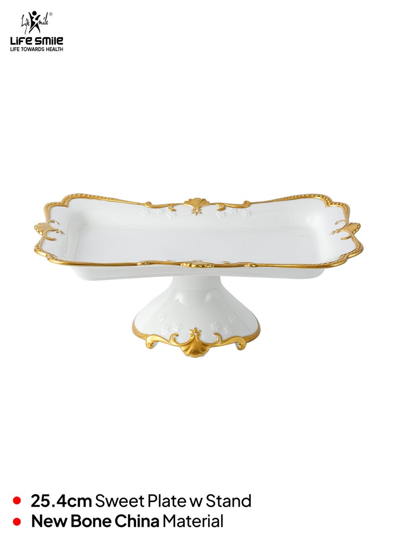 Life Smile LIFE SMILE White Cake Plate with Floral Gold Stand - Luxury Bone China Pastry & Dessert Server  - Image 2